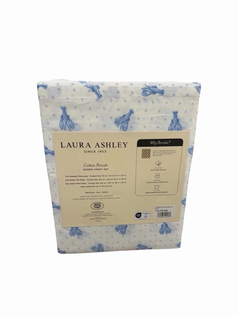 Laura Ashley QUEEN Lobster Polka Dot Blue 4Pc Sheet Set 100% Cotton Percale
